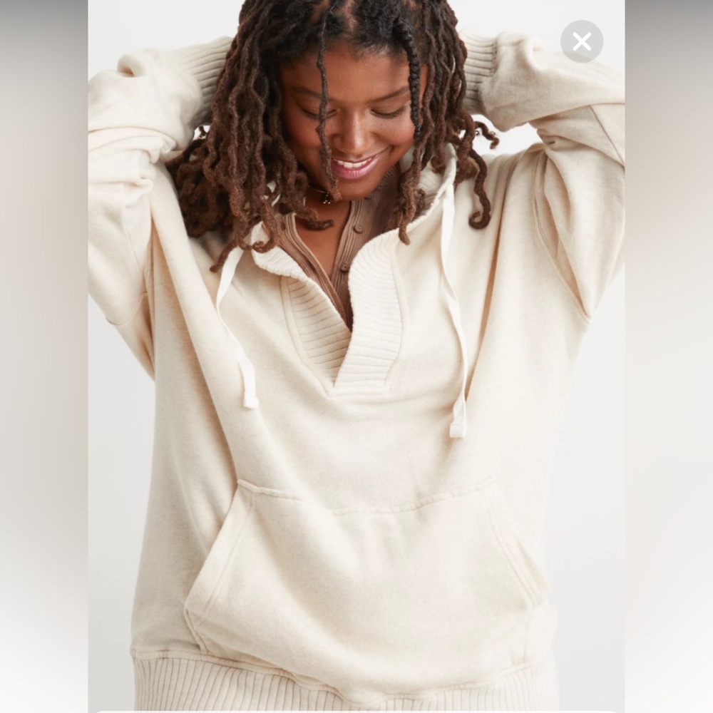 Aerie Down-To-Earth Henley Terrycloth V-Neck Ribbed Hoodie in Cream Size Small